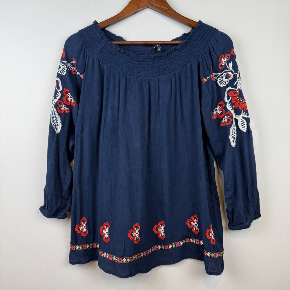 Hannah Womens Embroidered Peasant Top Med Navy Blue Boho Smocked Festival‎ Folk